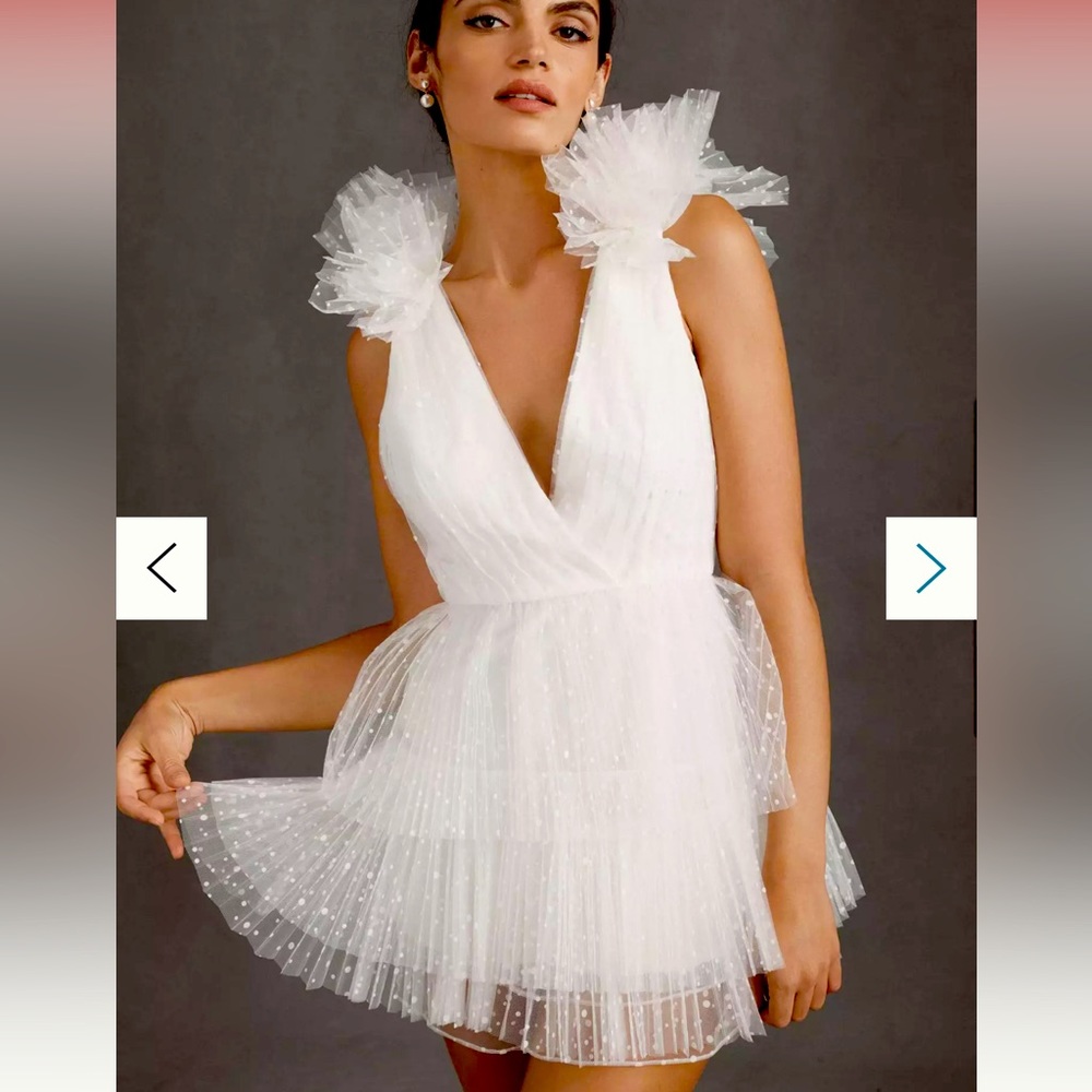 ML Monique Lhuillier Perrie Tiered Shoulder-Ruffle V-Neck Mini Dress White (NWT)